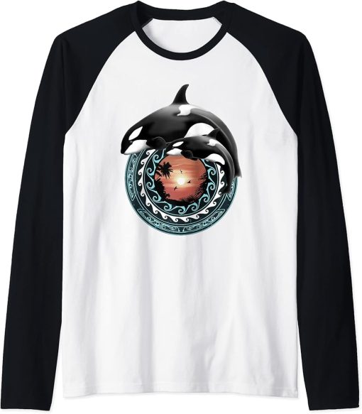 Cute Orca Whales Samoa Polynesian Orcas Raglan Baseball Tee