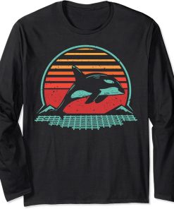 Orca Shirt Animal Synthwave Retro Vintage 80"s Style Long Sleeve T-Shirt