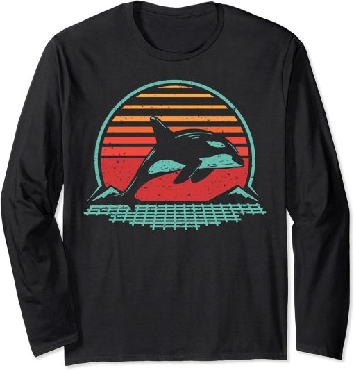 Orca Shirt Animal Synthwave Retro Vintage 80"s Style Long Sleeve T-Shirt