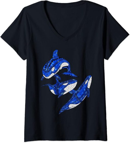 Womens Tribal Orca Killer Whales V-Neck T-Shirt