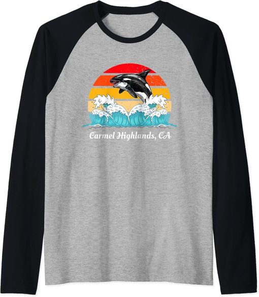 Vintage Carmel Highlands CA Distressed Orca Killer Whale Art Raglan Baseball Tee