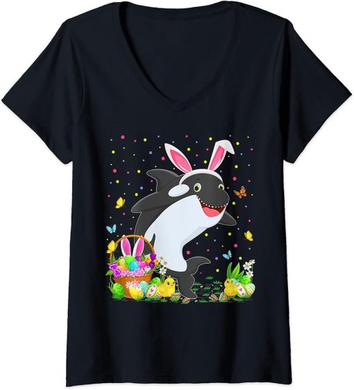 Womens Easter Orca Fish Bunny Egg Hunting Orca Easter Sunday V-Neck T-Shirt